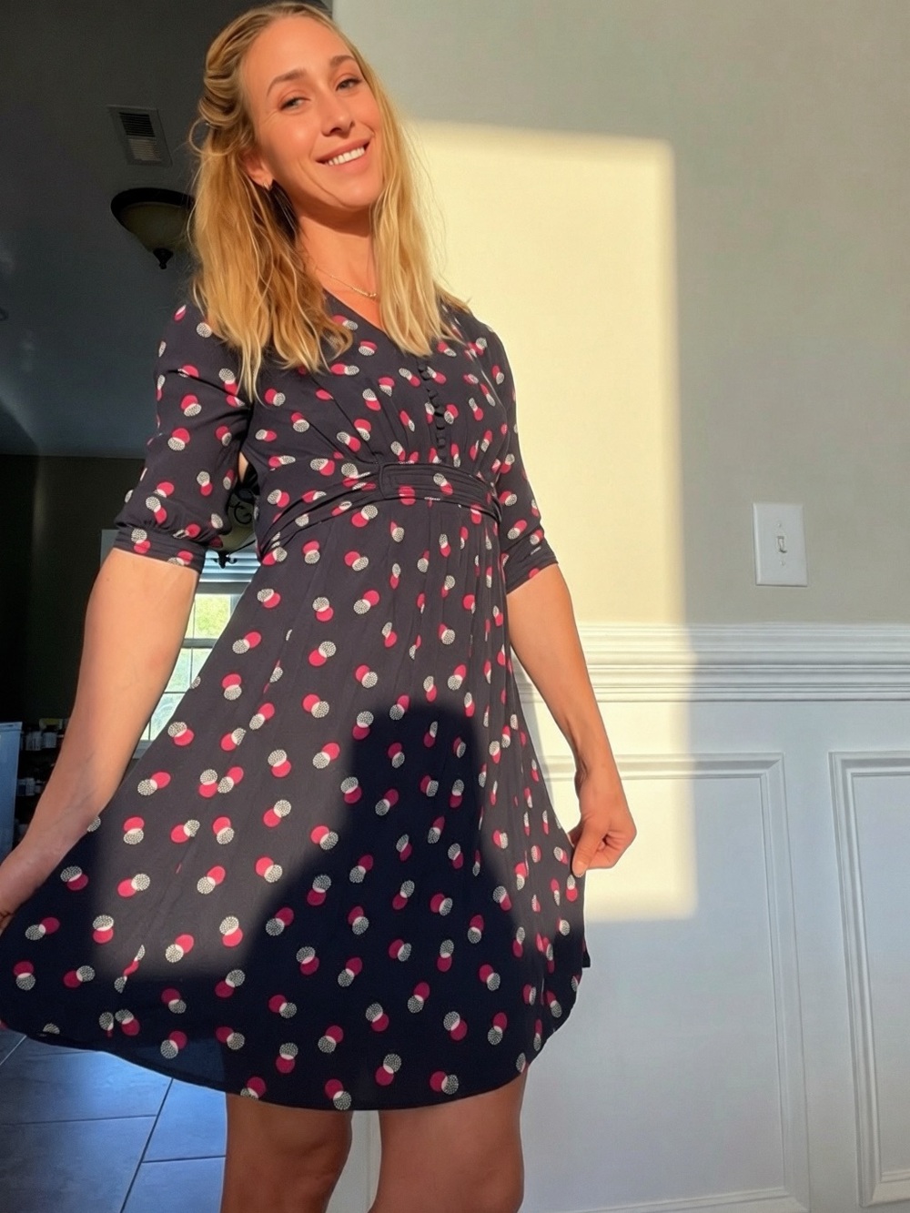 Boden 3/4 sleeve Charcoal Polka Dot Empire Waist Dress Pink polka dots sz 4